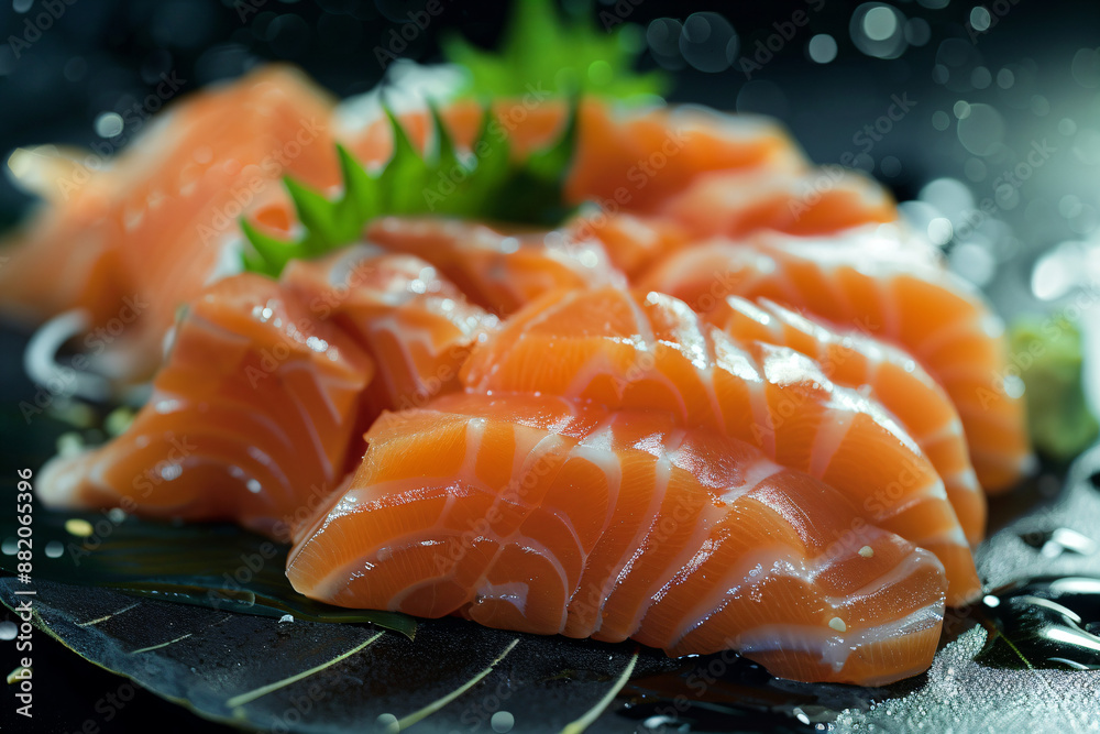 Fresh Salmon Sashimi on Black Plate. Fresh Salmon Sashimi on Black Plate.