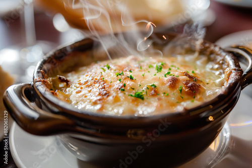 Delicious French Onion Soup with Melted Cheese. photo