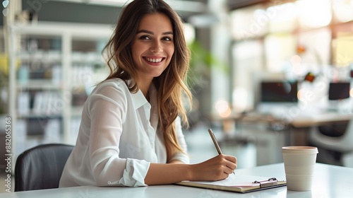 A woman is sitting at a desk with a pen and a cup of coffee