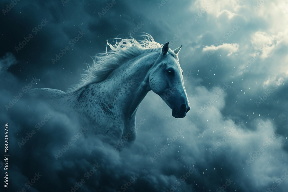 white horse bursting through clouds, cinematic, night time, white horse bursting through clouds, cinematic, night time,
