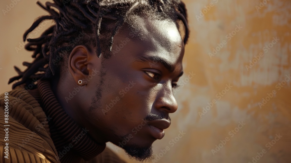 A pensive man sits with his head turned slightly, his face in close-up. His hair is braided into stylish, tight plaits.