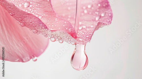 close-up, beauty background with pink petals strewn with drops on a white background, background for the presentation of a perfume or cosmetic moisturizing product