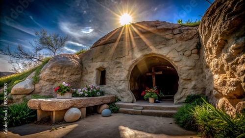 Domingo de Pascua. Resurrección de Jesucristo en Semana Santa. Él ha resucitado. Tumba vacía photo
