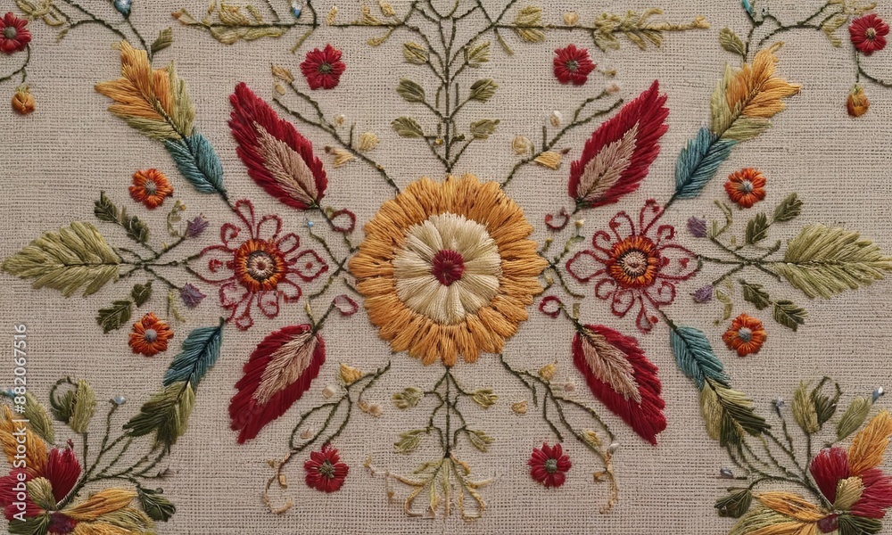 Fototapeta premium A hand-stitched floral design on a piece of fabric
