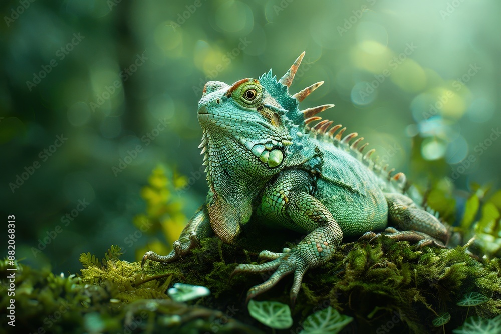 A cute iguana with green scales and spiky hair, sitting on moss in a forest, bathed in soft sunlight, surrounded by lush foliage A cute iguana with green scales and spiky hair, sitting on moss in a forest, bathed in soft sunlight, surrounded by lush foliage