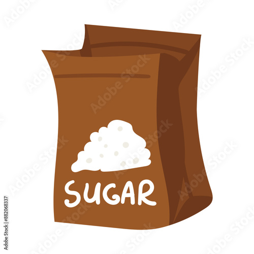 An illustration of a colored brown open paper bag filled with granulated sugar, ready to sweeten your favorite recipes or drinks. An ingredient for making sweet food. Package with the product name