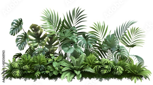 Lush green tropical plants bush (monstera, palm, rubber plant, pine and fern), cut out