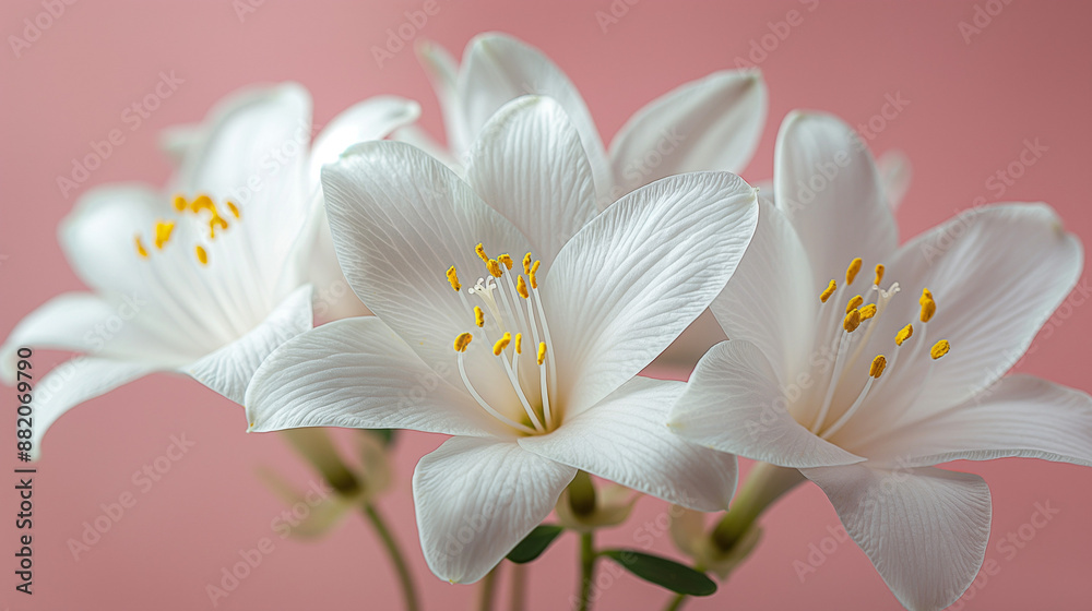 Obraz premium Template white flowers with yellow stamens placed on a pink background.