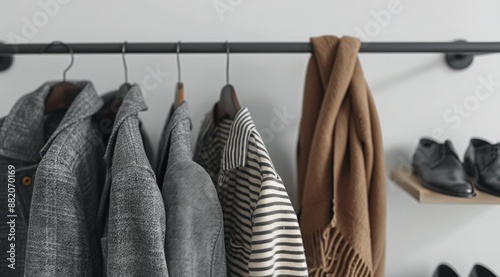 Brown and White Striped Scarf Hanging on Gray Coat in a Modern Closet