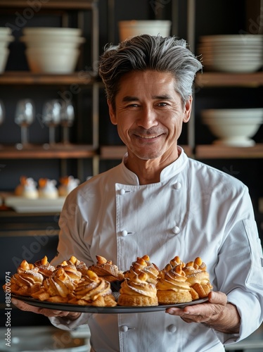 Smiling Chef Holding Tray of Freshly Baked Pastries in a Bakery