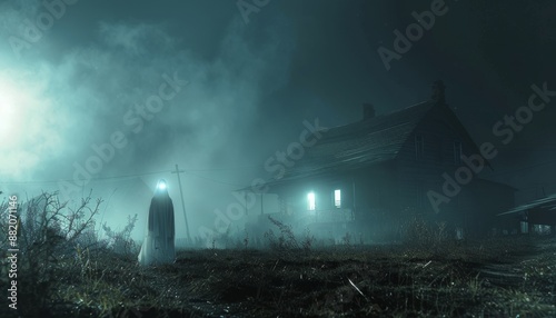 A Ghost Stands Before a Foggy House on a Dark Night
