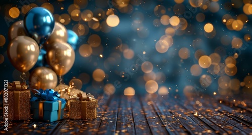 Blue And Gold Balloons With Gifts On A Wooden Table Against A Bokeh Background