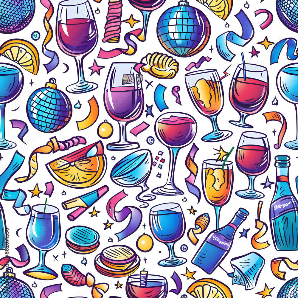 2D illustrated New Year card in a cute graphic style seamless pattern. 2D illustrated New Year card in a cute graphic style seamless pattern.