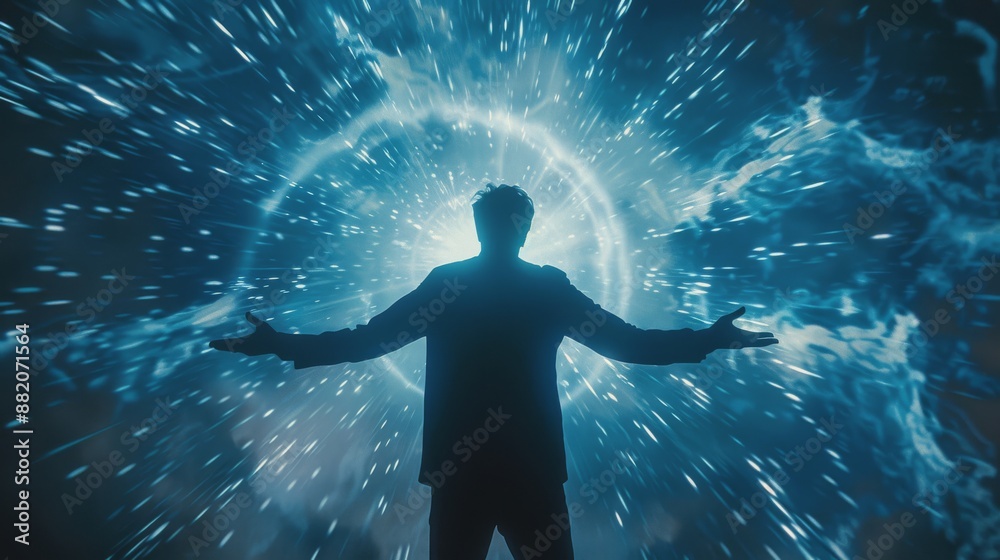 Fototapeta premium A Man Silhouetted Against a Blue, Glowing Light Sphere