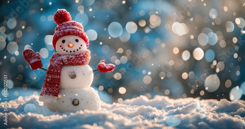 Cheerful Snowman in Winter Wonderland With Falling Snow