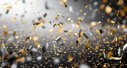 Gold and Silver Confetti Falling on a Grey Background