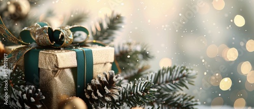 Wrapped Christmas Gift With Green Ribbon and Pine Branch