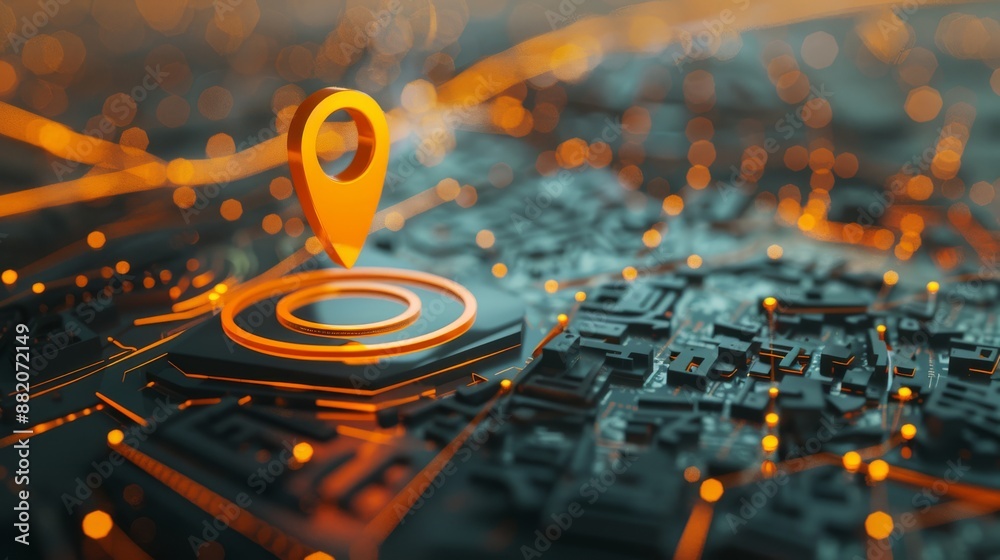 Fototapeta premium A hightech 3D location pin is set on a futuristic digital city map with glowing network connections