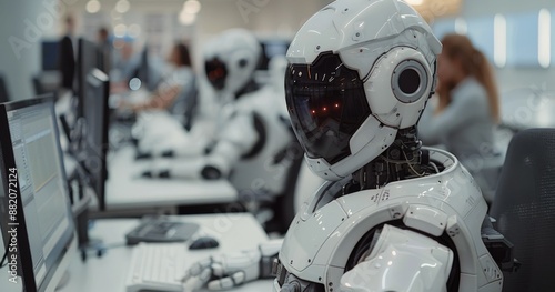 White Robot Working on Computer in Modern Office Setting