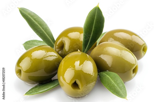 Green olives isolated on white background. Isolated with leaves showing. Olive oil farming.
