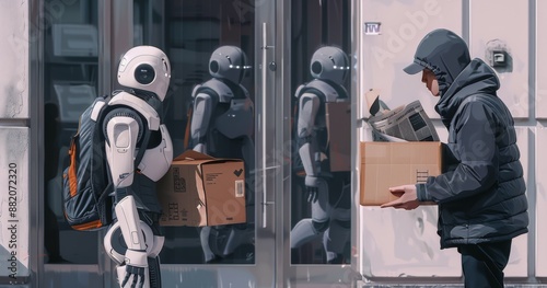 Man Walking Between Two White Humanoid Robots in Modern Building