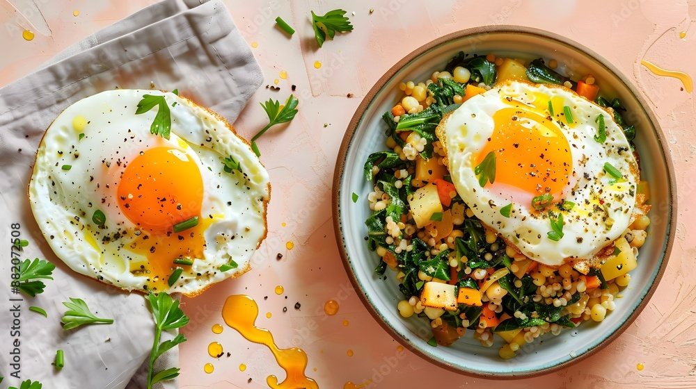 Fried Egg with Greens and Couscous.