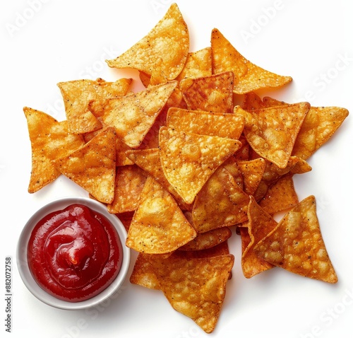 Tortilla Chips With Ketchup Dip On White Background