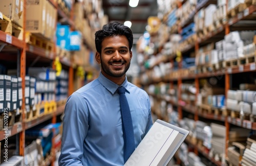 Warehouse Worker Holding Cardboard Box in a Busy Storage Facility