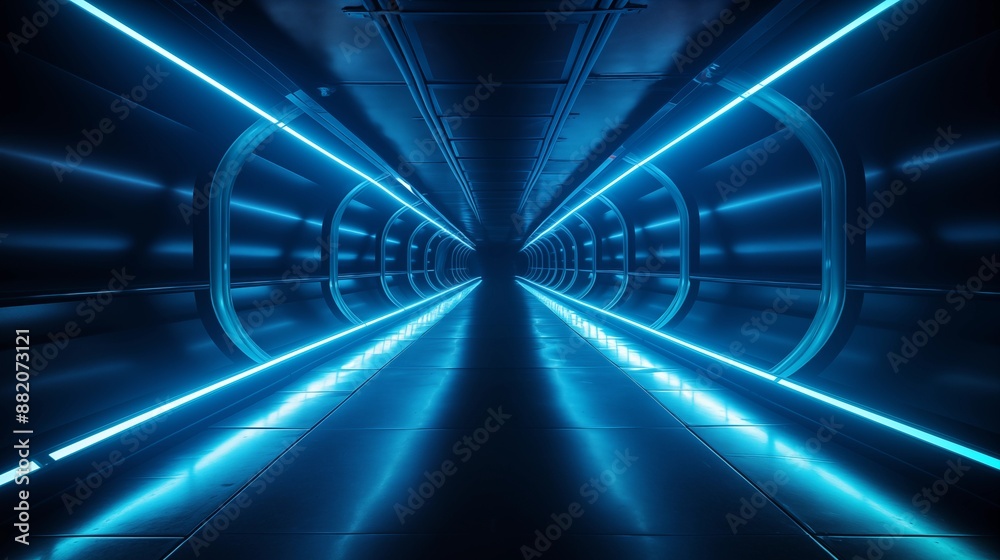 Futuristic Neon-lit Tunnel with Blue Illuminated Pathway Futuristic Neon-lit Tunnel with Blue Illuminated Pathway