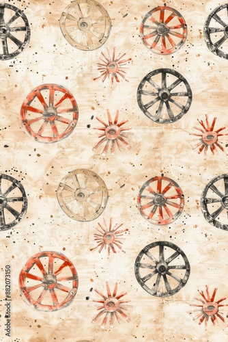 watercolor clipart of Wagon wheels seamless repeating pattern on parchment page, vintage scrapbook page, copy space in center, for Junk Journal, Digital Paper, Printable Journaling page, Scrapbooking