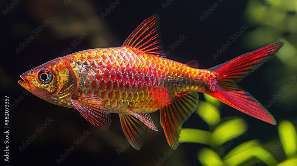 Fototapeta premium Vibrant Macro Shot of Cherry Barb Fish with Stunning Red Coloration and Scales Detail in Natural Light