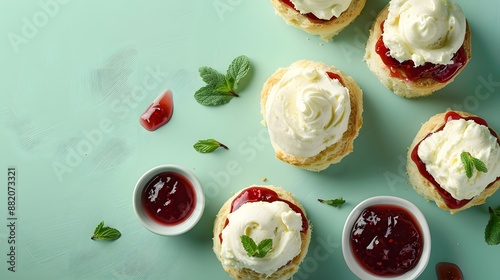 Delicious Cream Tea with Fresh Mint and Raspberry Jam.
