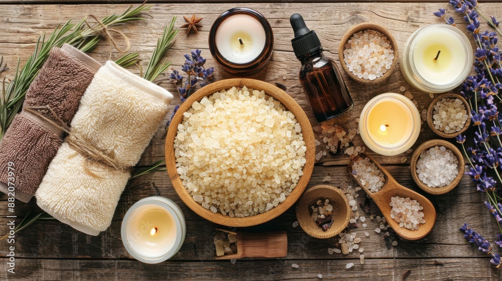 Tranquil Spa Day Essentials Flat Lay on Wooden Surface: Bath Salts, Candles, Essential Oils, and Fluffy Towel for Relaxation and Self-care Tranquil Spa Day Essentials Flat Lay on Wooden Surface: Bath Salts, Candles, Essential Oils, and Fluffy Towel for Relaxation and Self-care