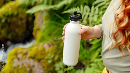 woman holding white reusable water bottle in nature - eco-friendly hydration. photo