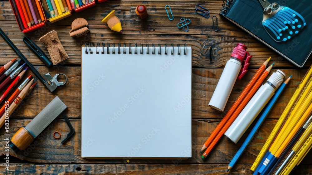 Artist's Sketching Tools Flat Lay on Wooden Desk - Realistic Photography of Pencils, Sketchbook, Eraser, and Sharpener Artist's Sketching Tools Flat Lay on Wooden Desk - Realistic Photography of Pencils, Sketchbook, Eraser, and Sharpener