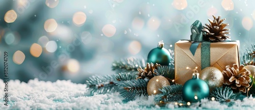 Gold Gift Box With Pine Cones and Ornaments on Snowy Background