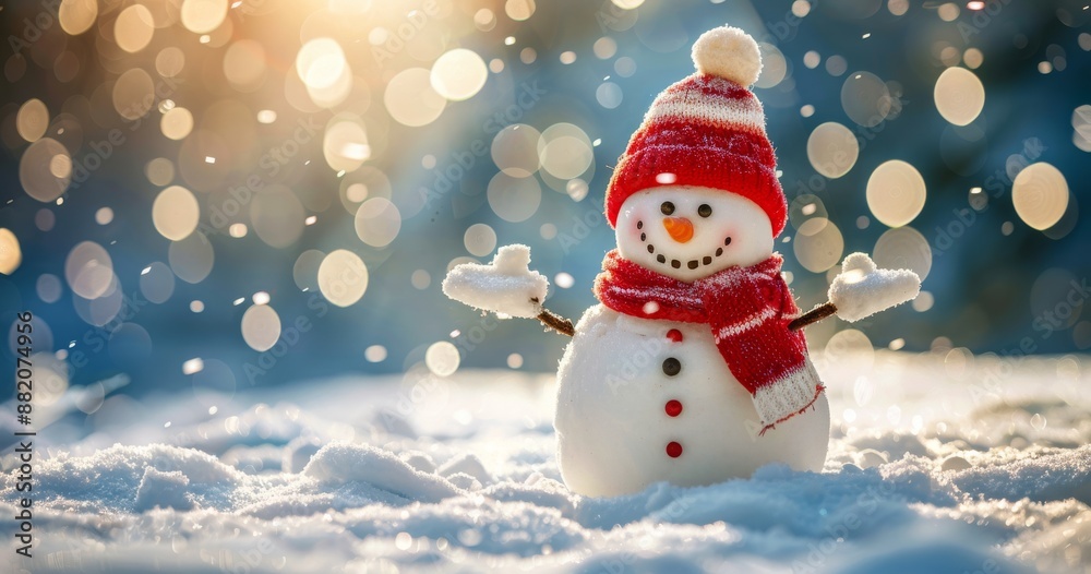 Fototapeta premium Cheerful Snowman in Winter Wonderland With Falling Snow