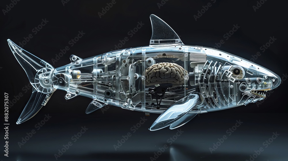 Detailed transparent robotic shark model showcasing inner mechan