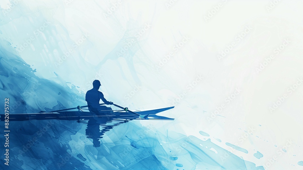 Illustration of rowers in boat,white and blue color palette, digital ...