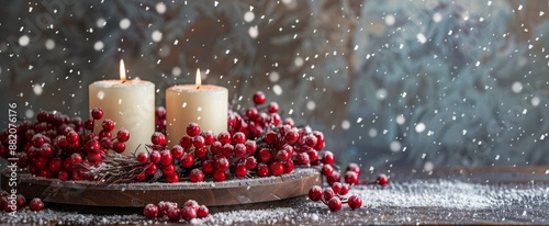 Burning Candles In A Snowy Winter Wreath