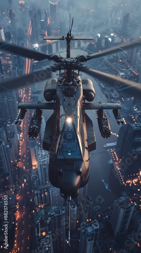 A dynamic low-angle shot of an Attack Helicopters AH-64 Apache patrolling a sprawling cityscape at dusk The helicopters searchlight cuts through the darkness