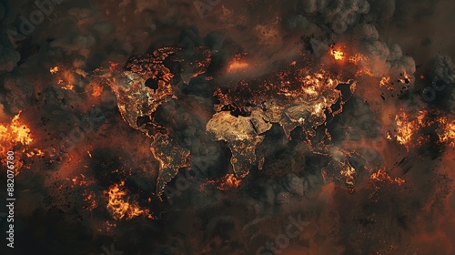 Dark world map, full covered with oil, carbon and smoke, burned and destroyed by fire, abstract conceptual illustration of global warming and environmental disaster © Boraryn
