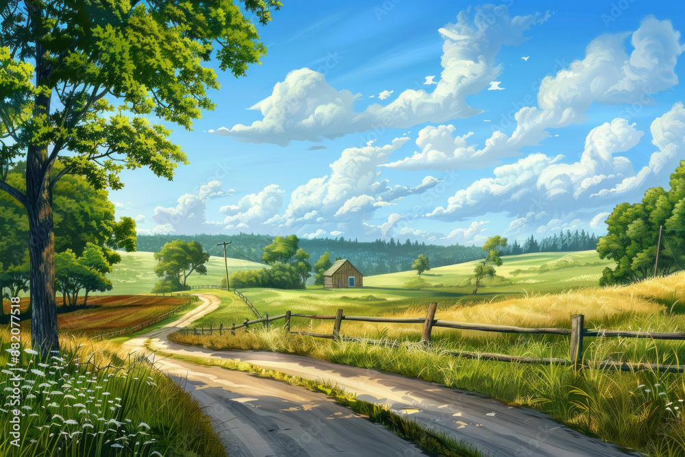 A rural road with a charming countryside view A rural road with a charming countryside view