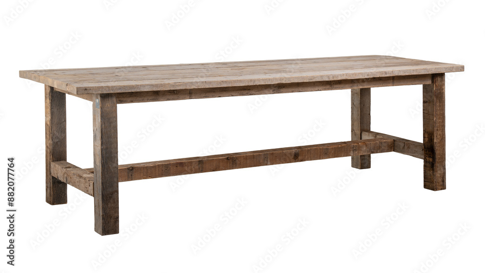 wooden table with rough planks and central beam. isolated white background