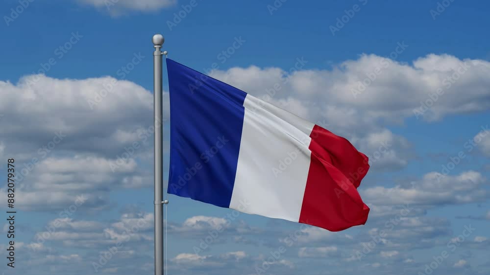 France flag waying in the wind against the running clouds on blue sky, close-up flag video France flag waying in the wind against the running clouds on blue sky, close-up flag video