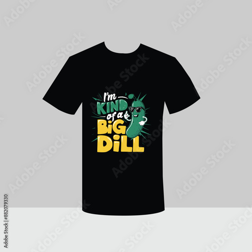 A vibrant and humorous t-shirt design featuring a cartoon pickle character wearing sunglasses and striking a confident pose.