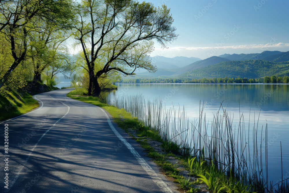 Fotografie A serene road alongside a tranquil lake