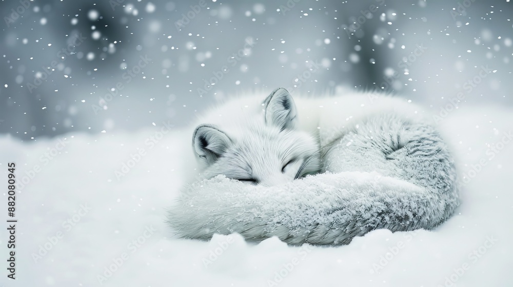 Arctic fox in deep sleep, curled up with its tail covering its nose, while a blizzard rages on, representing survival in extreme conditions Arctic fox in deep sleep, curled up with its tail covering its nose, while a blizzard rages on, representing survival in extreme conditions