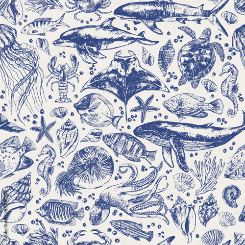 Vector sea animals seamless pattern. Sea life background in blue color with whale, dolphin, octopus