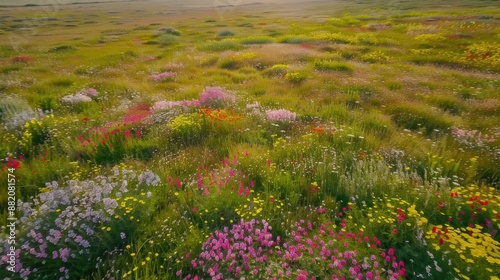 Aerial shot of a vast field of wildflowers in full bloom, patchwork of vibrant colors